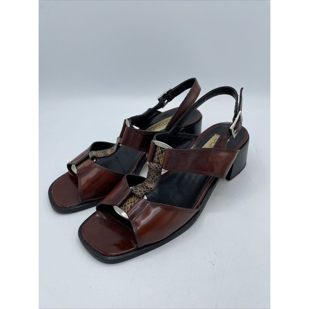 Samoa Womes Block Heel Sandal Size 40 Made in Italy Brown With Snakeskin Strap